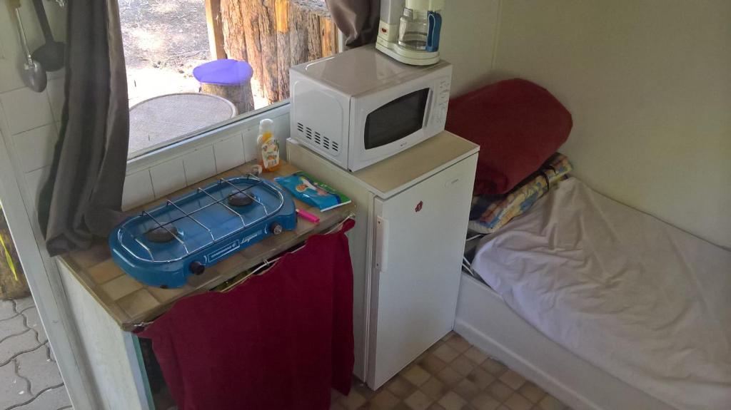a small room with a microwave and a small refrigerator at La Ptite Ferme de Caro in Meyrignac-lʼÉglise