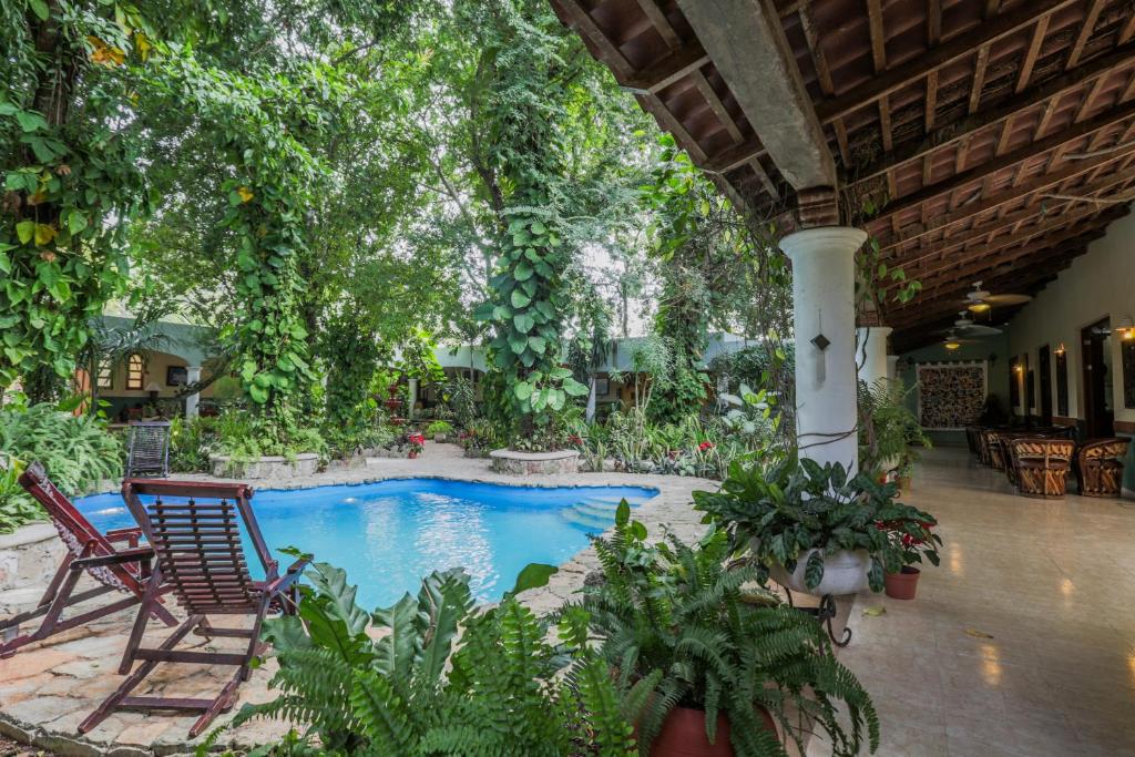 a pool with chairs and plants in a courtyard at Casa Quetzal Hotel in Valladolid