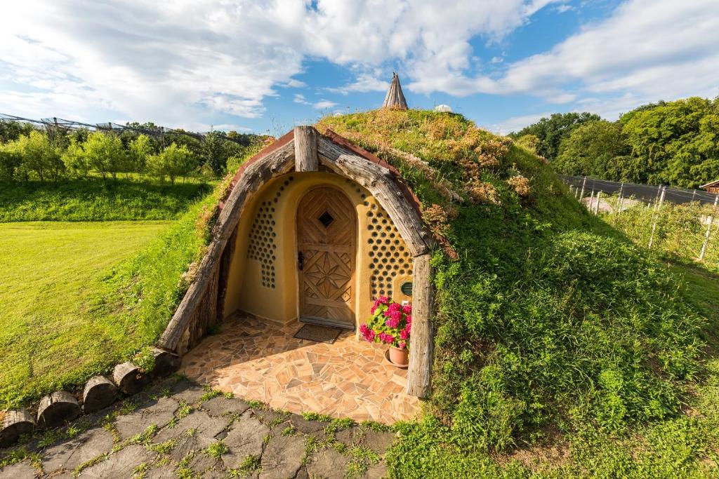 a small house with a grass roof with flowers at Apartma Zemljanka in Ljutomer