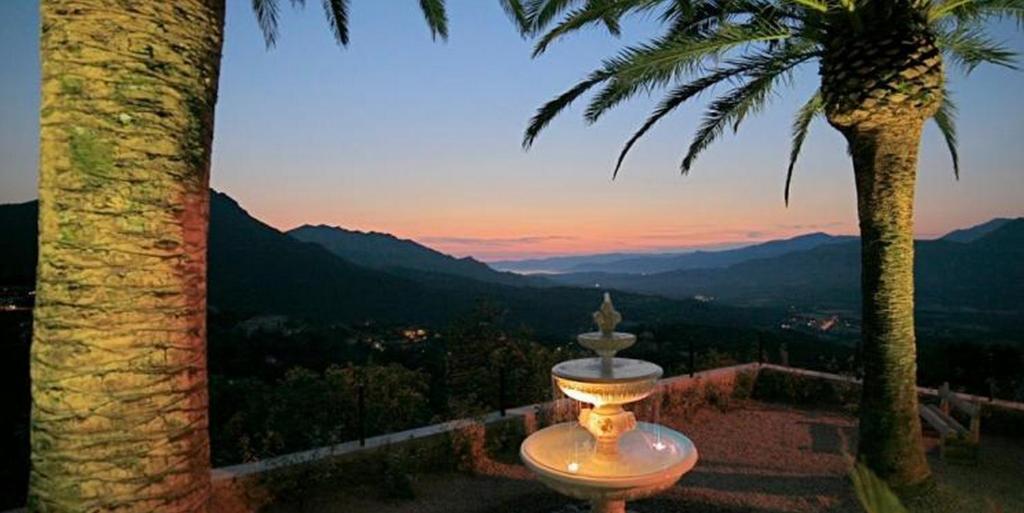 a fountain with a palm tree and a view of the mountains at Hotel Des Roches in Sartène