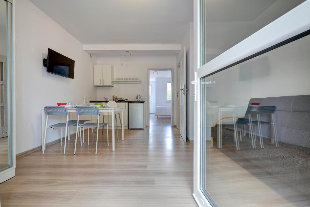 Kuchyňa alebo kuchynka v ubytovaní Apartamenty Poddąbek- basen kryty, sauna, animacje dla dzieci , małpi gaj, baseny na dachu