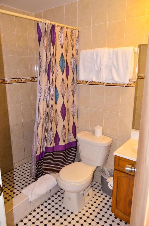 a bathroom with a toilet and a shower curtain at Fantastic Hotel in Marigot
