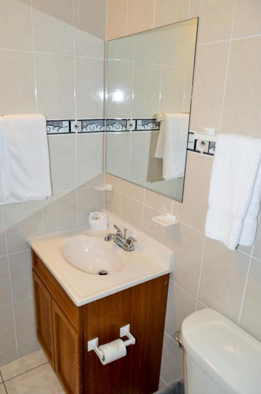 a bathroom with a sink and a mirror and a toilet at Fantastic Hotel in Marigot