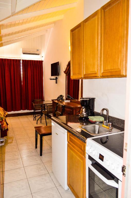a kitchen with a sink and a stove top oven at Fantastic Hotel in Marigot