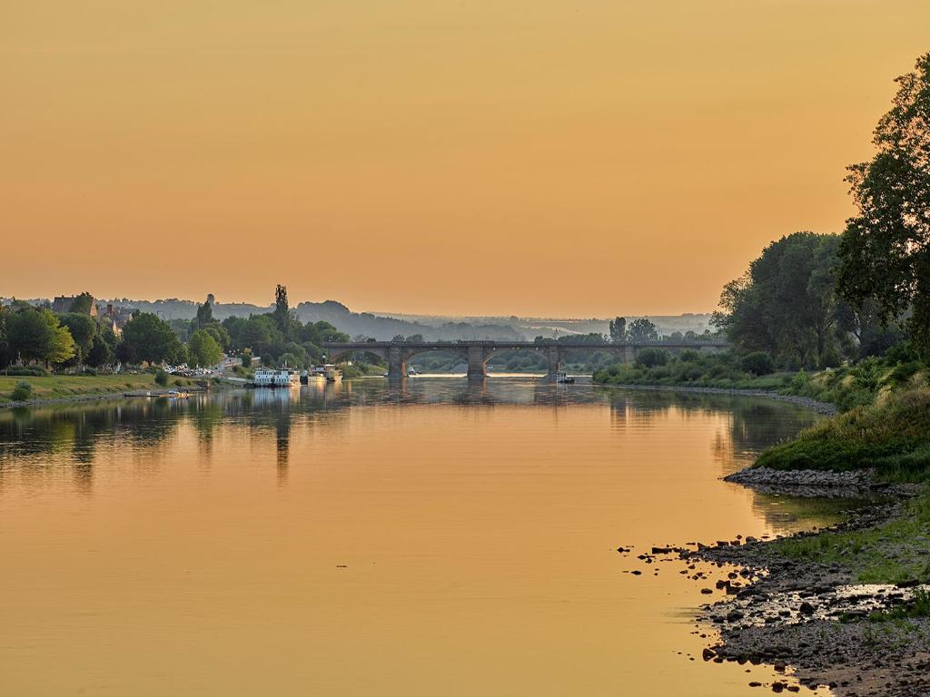 a view of a river with a bridge in the background at Hotel Elbparadies in Pirna
