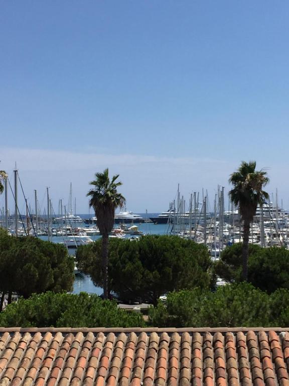 - une vue sur le port avec des palmiers et des bateaux dans l'établissement appartement Terrasse magnifique vue mer et yachts, à Antibes