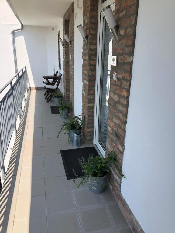 a balcony with potted plants on a building at Lotus Apartman in Gyula