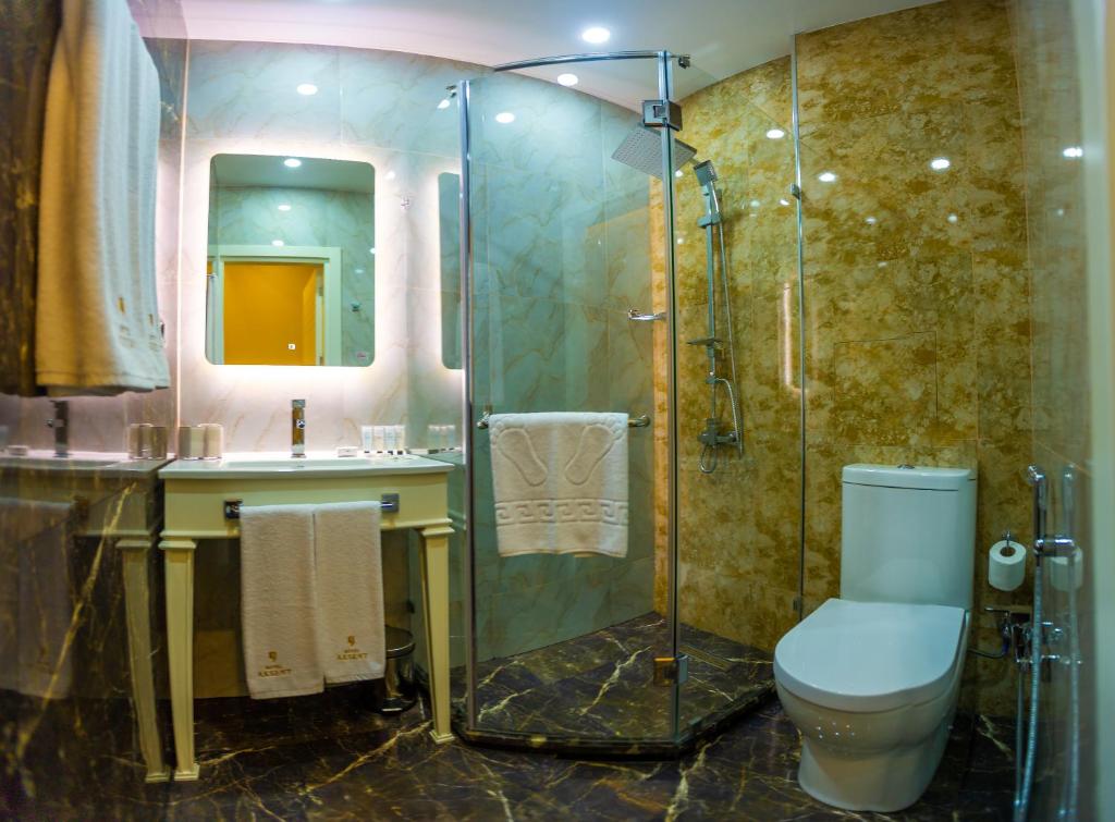 a bathroom with a shower and a toilet and a sink at Aksent Hotel in Baku