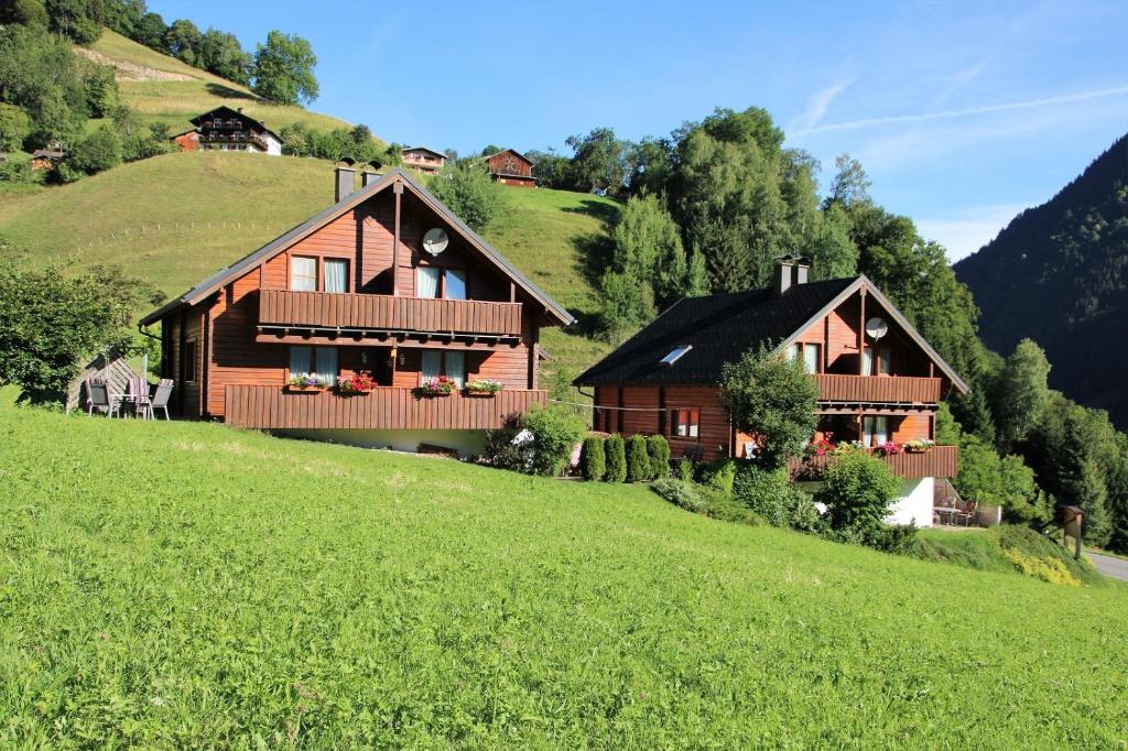 ザンクト・ガレンキルヒにあるFerienhäuser Tribergaの緑地の丘の上に建つ木造家屋2軒
