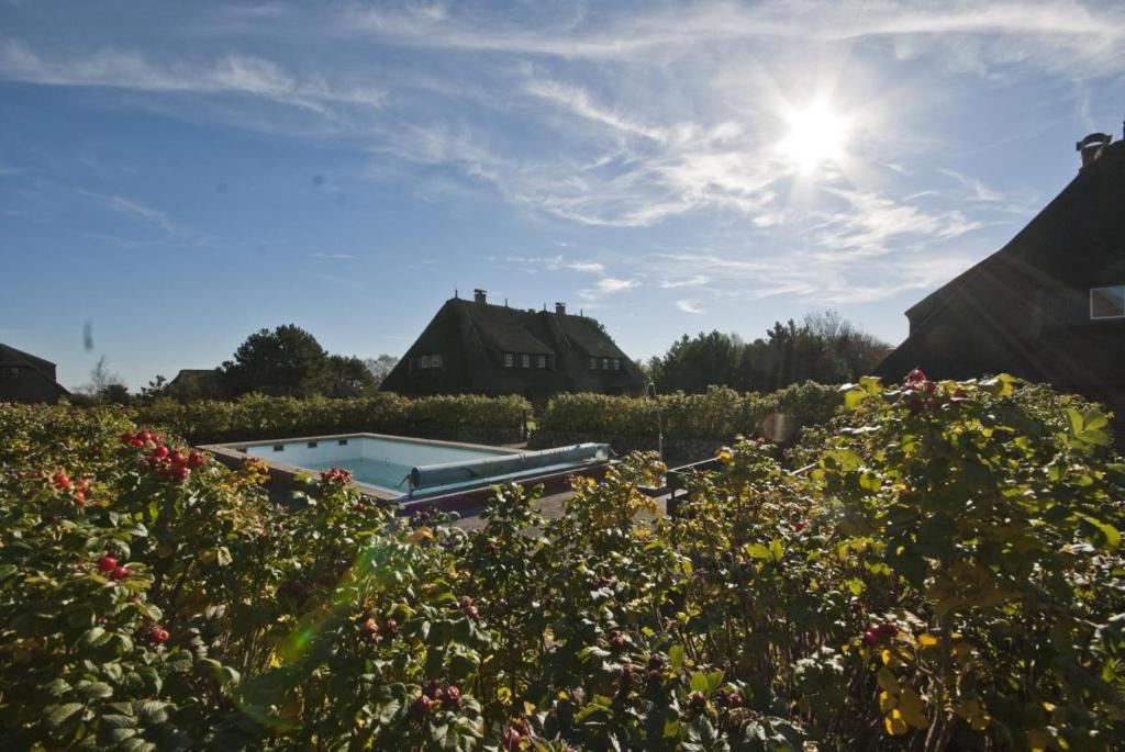 a pool in the middle of a garden with flowers at Haus Wattblick Meier W.U in Braderup