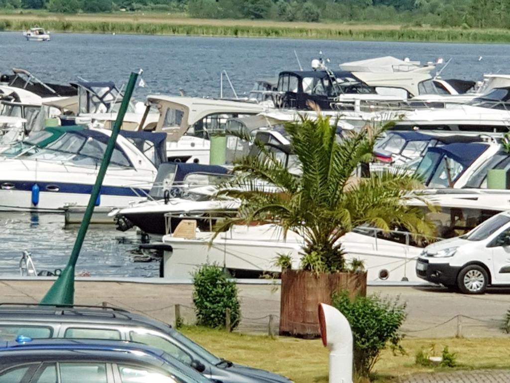 Un montón de barcos están atracados en un puerto deportivo. en Haus am Jachthafen, en Werder