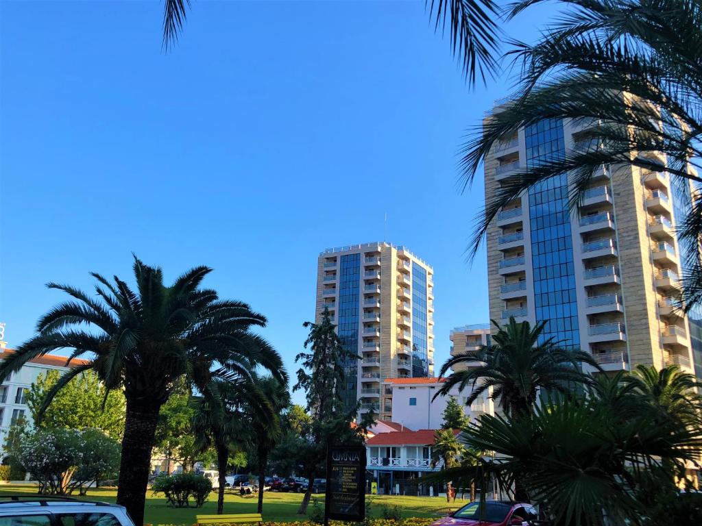 a city with palm trees and tall buildings at Apartments Fontana 20 in Budva