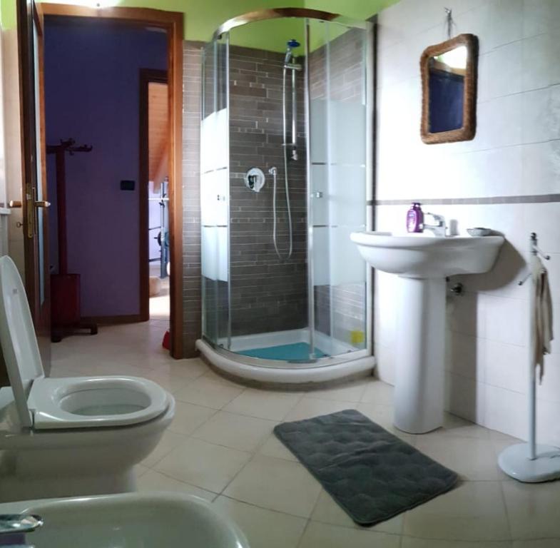 un bagno con doccia, WC e lavandino di Appartamento LUCE a Volpiano