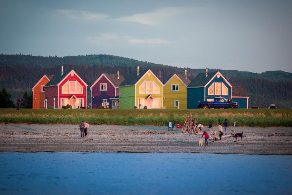 a group of people and dogs on a beach with houses at Chalets Valmont in Cap-Chat