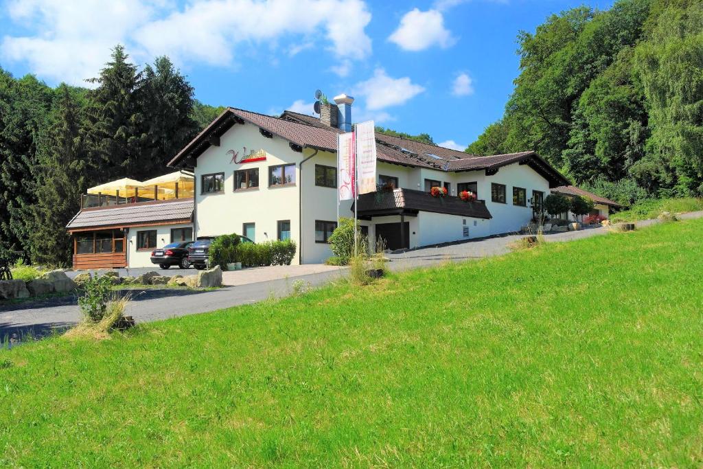 a house on the side of a hill with a green field at Landhotel Windlicht in Krombach