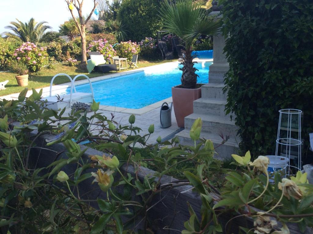 una piscina en un patio con flores y plantas en Roulotte de luxe vue mer 180° ,et un ha de verdure, en Plougastel-Daoulas