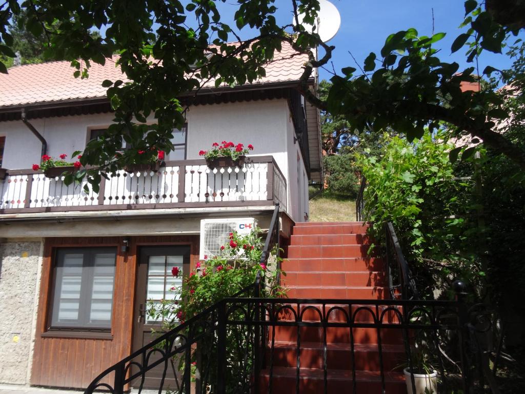 a house with a balcony with flowers on it at Jūrena in Nida
