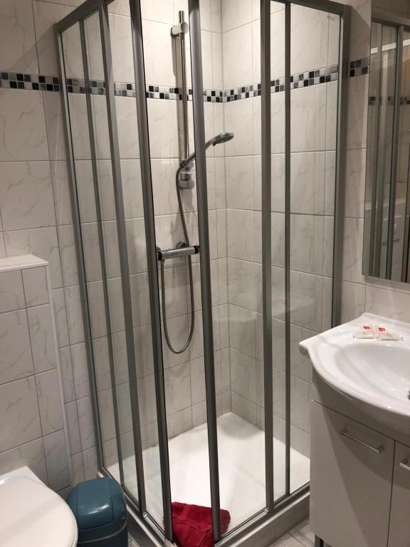 a shower with a glass door in a bathroom at Pension &amp; Gasthof Storchennest in Groß Quassow