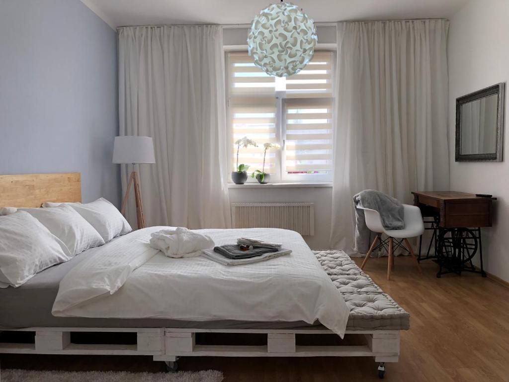 Schlafzimmer mit einem Bett, einem Schreibtisch und einem Fenster in der Unterkunft Pension Skylark in Pardubice