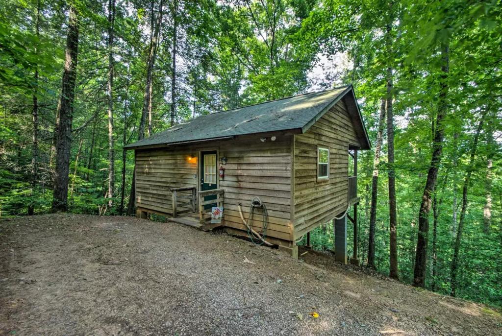 a small wooden cabin in the middle of a forest at Nantahala Cabins in Bryson City