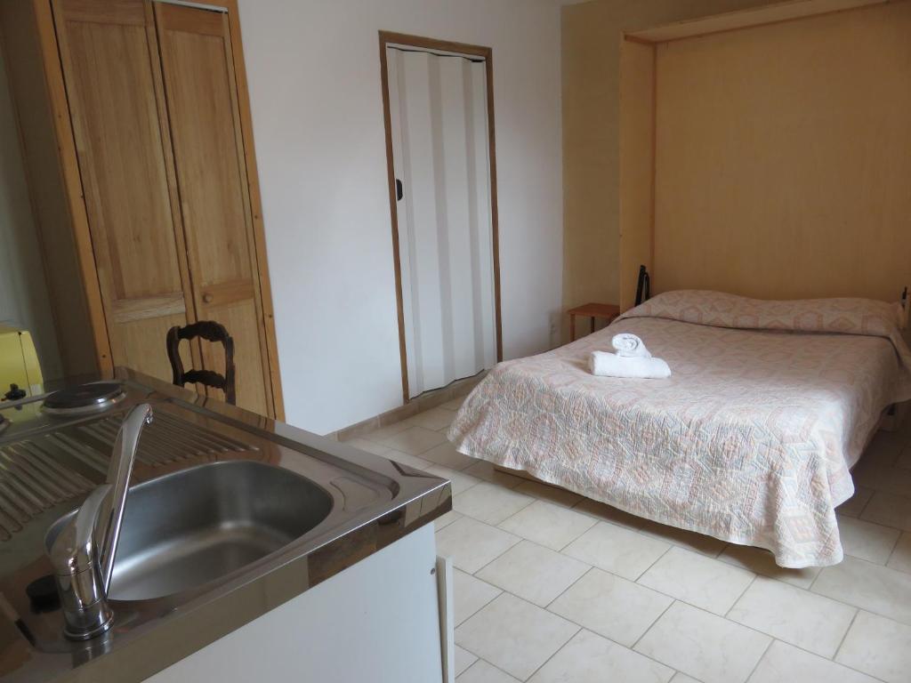 - une cuisine avec évier et un lit dans une chambre dans l'établissement Café de la Place Gîte & Chambres d'hôtes 