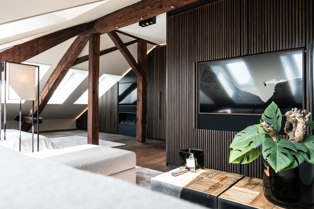 a living room with a large television and a plant at Le Bijou LQ80 Jacuzzi Penthouse in Zurich