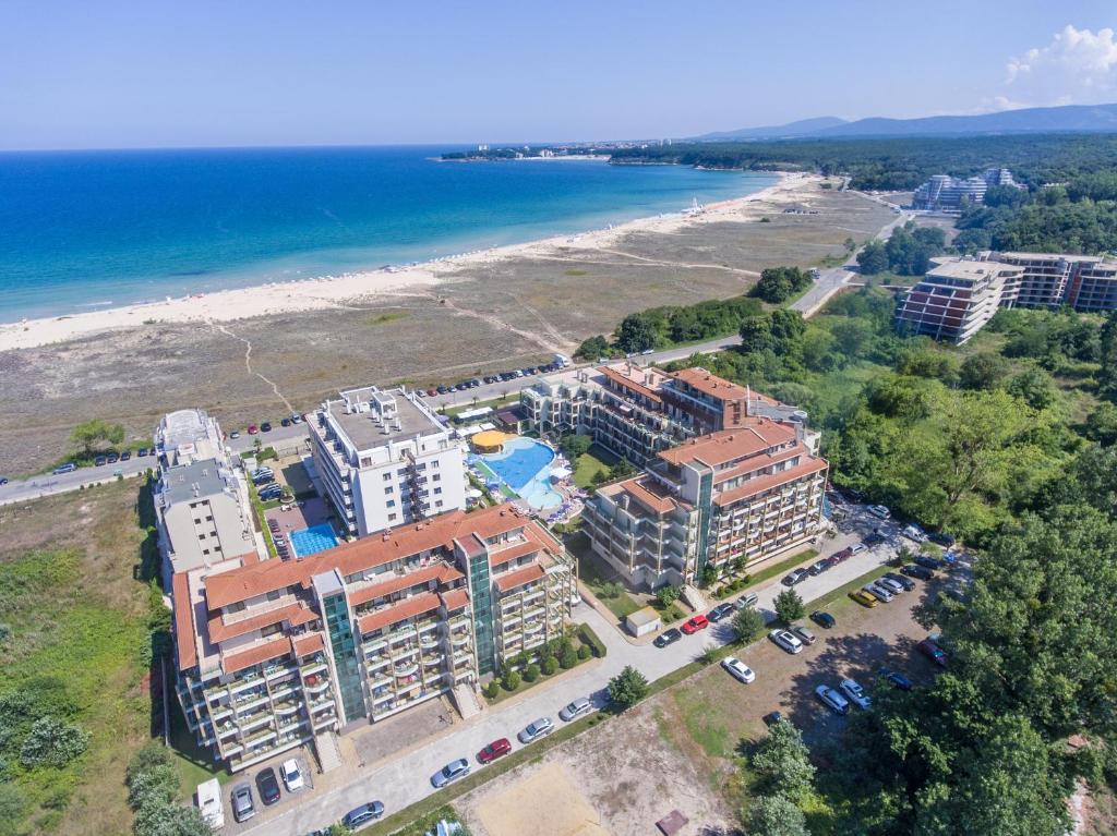 an overhead view of a building next to the beach at Aparthotel Hotel Prestige City II in Primorsko