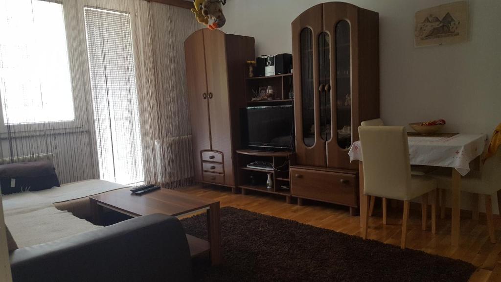 een woonkamer met een bank, een tafel en een tv bij Apartment Zenica in Zenica