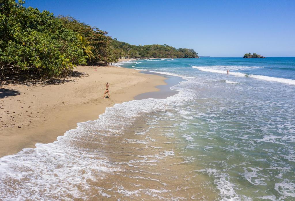 una persona parada en una playa cerca del océano en Playa 506 Beachfront Hostel, en Puerto Viejo