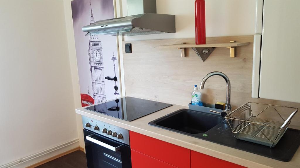 a small kitchen with a sink and a stove at Garden Apartment Donau-City (P&R) in Vienna