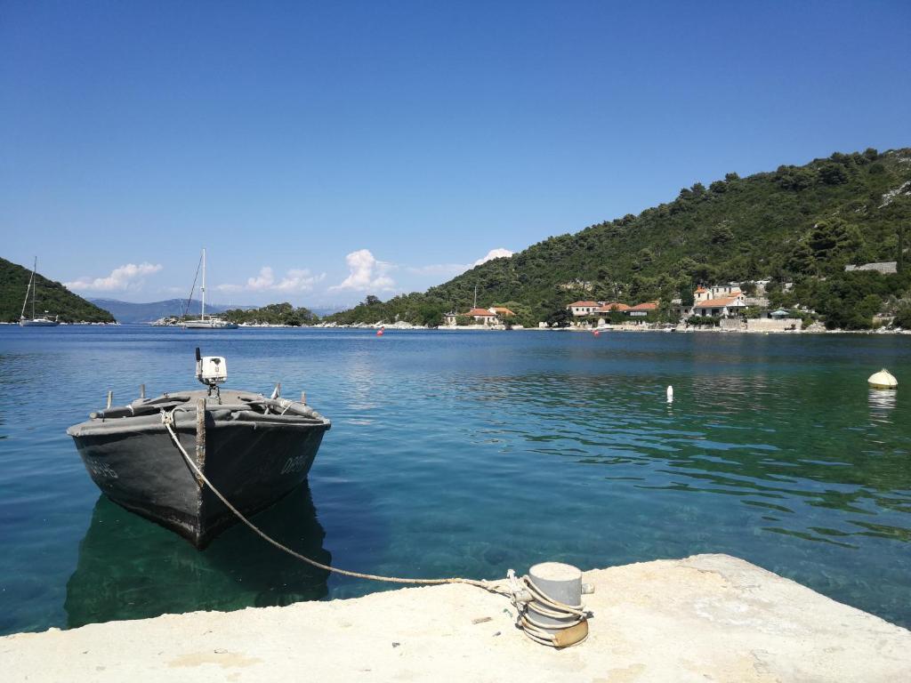 ein Boot, das mit einem Dock im Wasser verbunden ist in der Unterkunft STIGA 2 - two bedroom ap. in Prožura