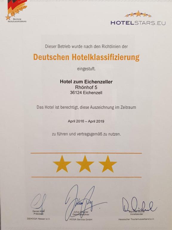 Certifikát, hodnocení, plakát nebo jiný dokument vystavený v ubytování Zum Eichenzeller