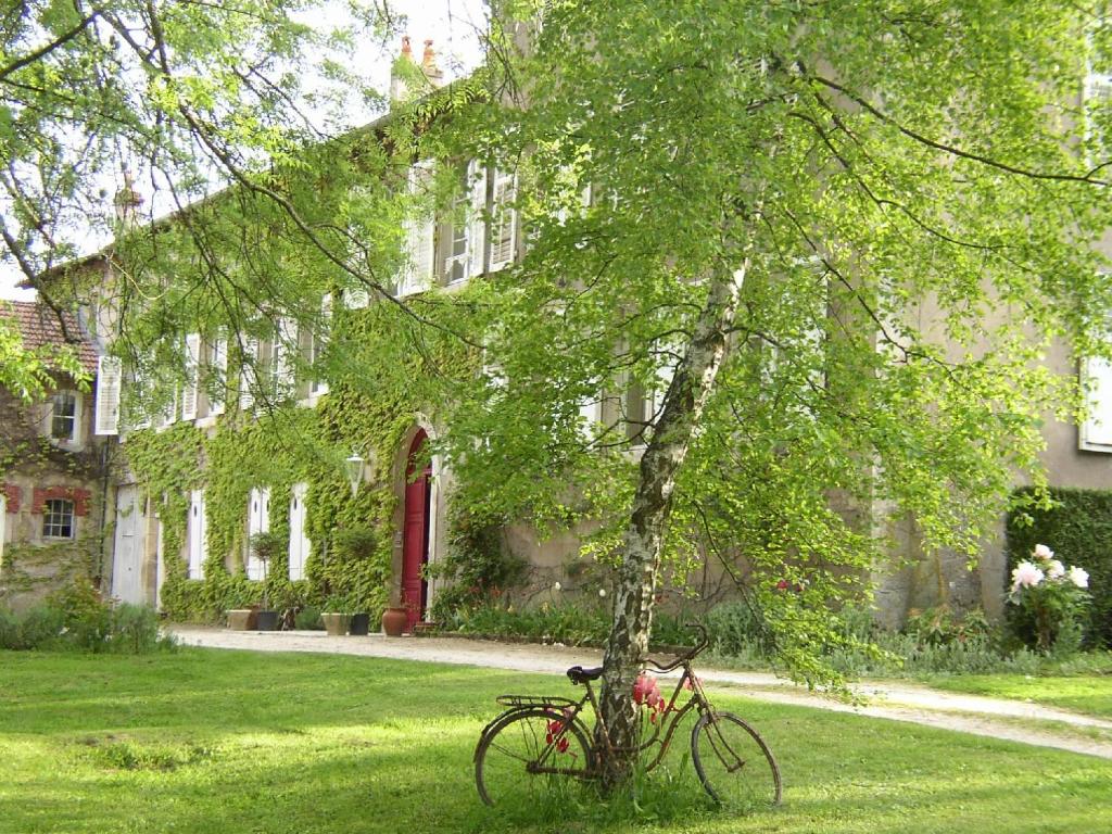 Una bicicleta estacionada junto a un árbol frente a una casa en Le Domaine De Pomone, en Woinville