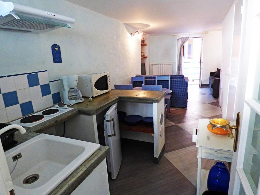 uma pequena cozinha com um lavatório e um micro-ondas em Maison Authentique Proche Isola 2000 et Auron em Isola