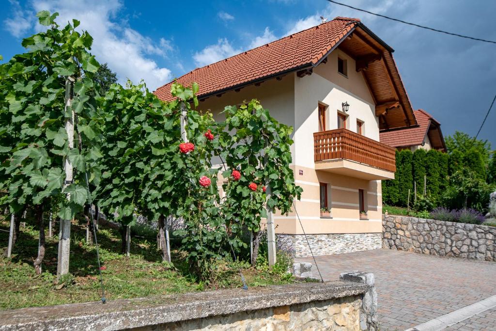 una casa con un montón de rosas delante de ella en Vineyard Cottage Pod Piramido, en Dobrnič