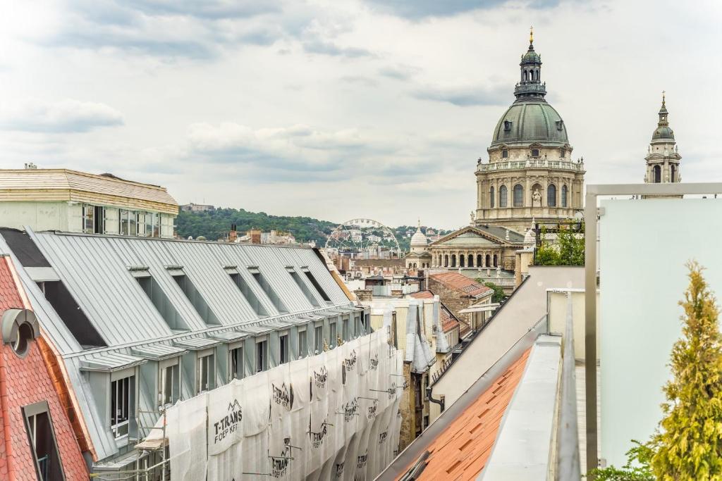 ブダペストにあるJacuzzi Roofterrace Luxury over the Operaの建物屋根からライオンの街並み