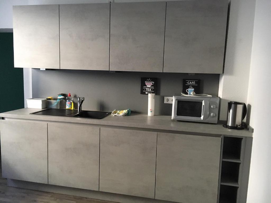 eine Küche mit einer Spüle und einer Mikrowelle in der Unterkunft Ferienwohnung Pfeifer in Friedrichsdorf