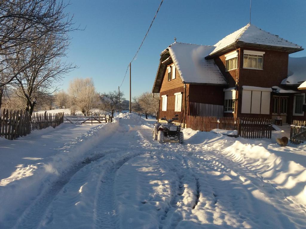 a snow covered road in front of a house at Casa Claudiu in Măgura