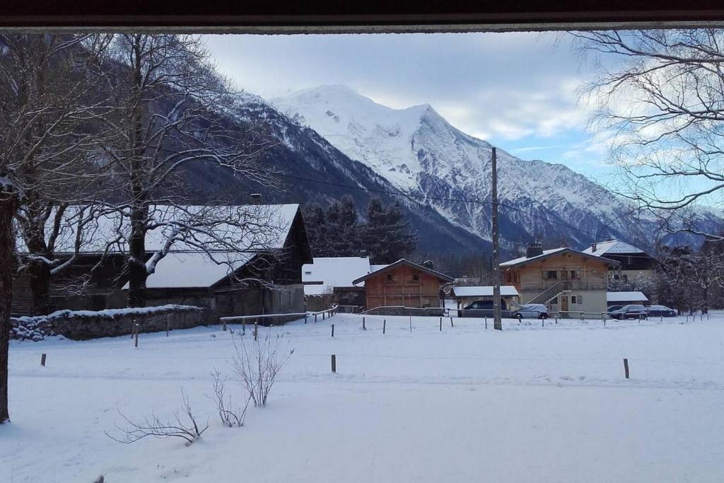 uma aldeia coberta de neve com uma montanha ao fundo em Appartement avec Terrasse em Chamonix-Mont-Blanc