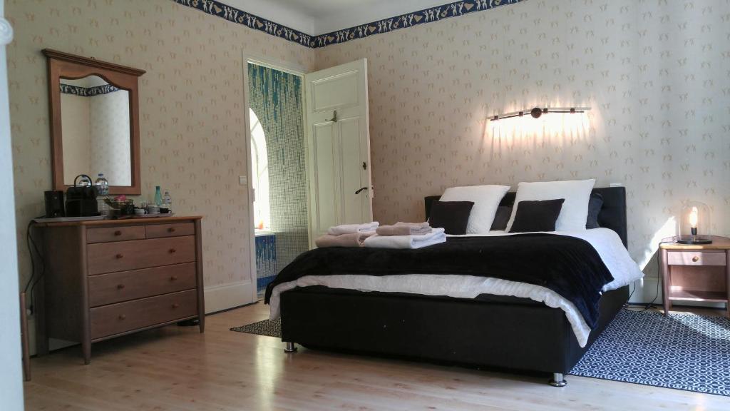 a bedroom with a bed and a dresser and a mirror at Domaine de Bramefaon in Barbizon