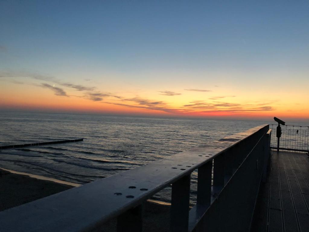 un pájaro parado en un muelle al atardecer en Apartament Nordic en Trzęsacz