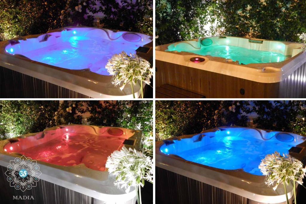 cztery różne zdjęcia jacuzzi z oświetleniem w obiekcie Trulli MADIA Luxury Alberobello w Alberobello