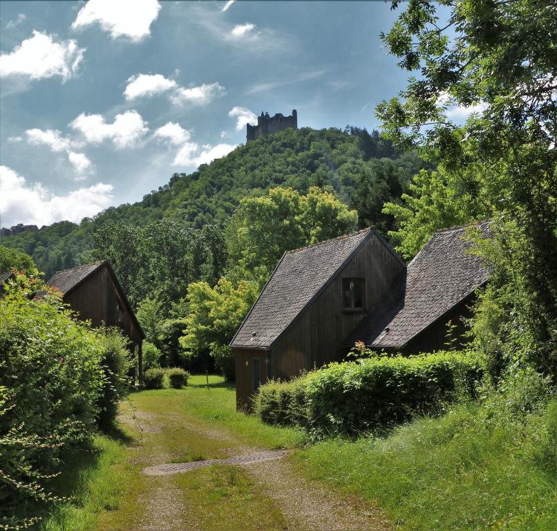 a group of barns with a castle on a hill at Camping Le Païsserou in Najac