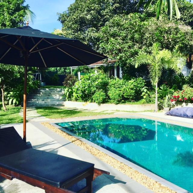 an umbrella and a bench next to a swimming pool at Temple House Villa in Hikkaduwa