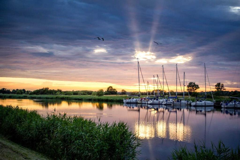 a group of boats docked on a river at sunset at Ferienwohnung Urlaub in Greifswald