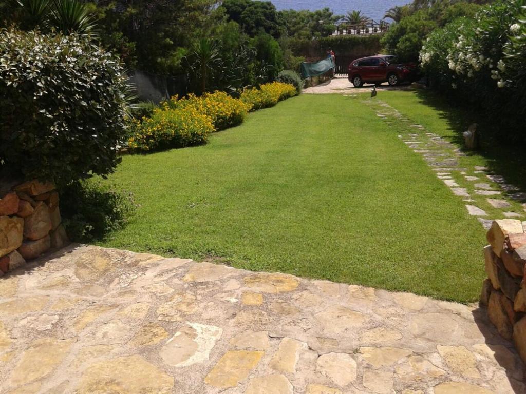 un jardin avec une pelouse verdoyante et quelques buissons dans l'établissement villa Mirtilla, à Villasimius