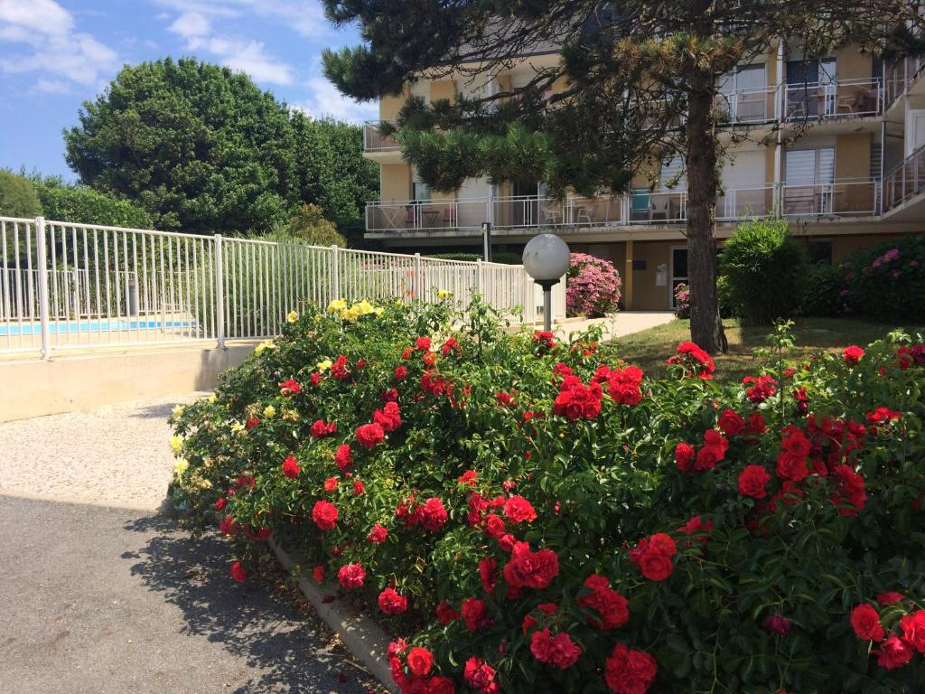 キブロンにあるChaleureux studio cabine Résidence Ty Avelの建物前の赤い花の茂み