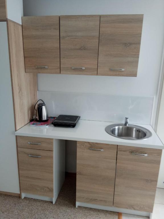 a kitchen counter with a sink and wooden cabinets at pokój blisko morza in Kołobrzeg