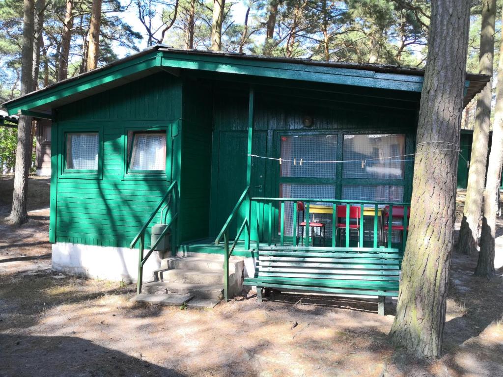 un bâtiment vert avec un arbre en face dans l'établissement Domki letniskowe Delfin, à Mrzeżyno