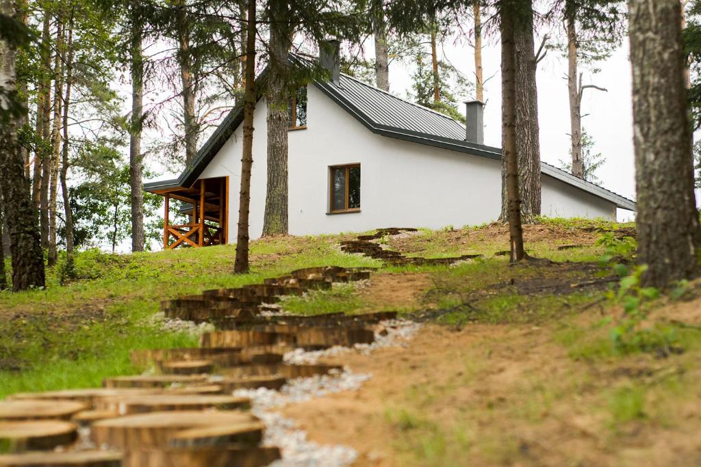 ein Haus im Wald mit einer Reflexion im Wasser in der Unterkunft Dwa Pomosty in Augustów